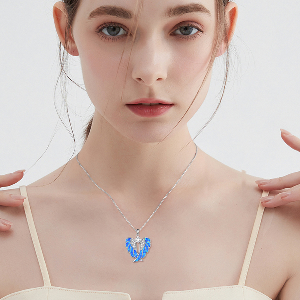 Sterling Silver Opal Angel Wings Pendant Necklace-2