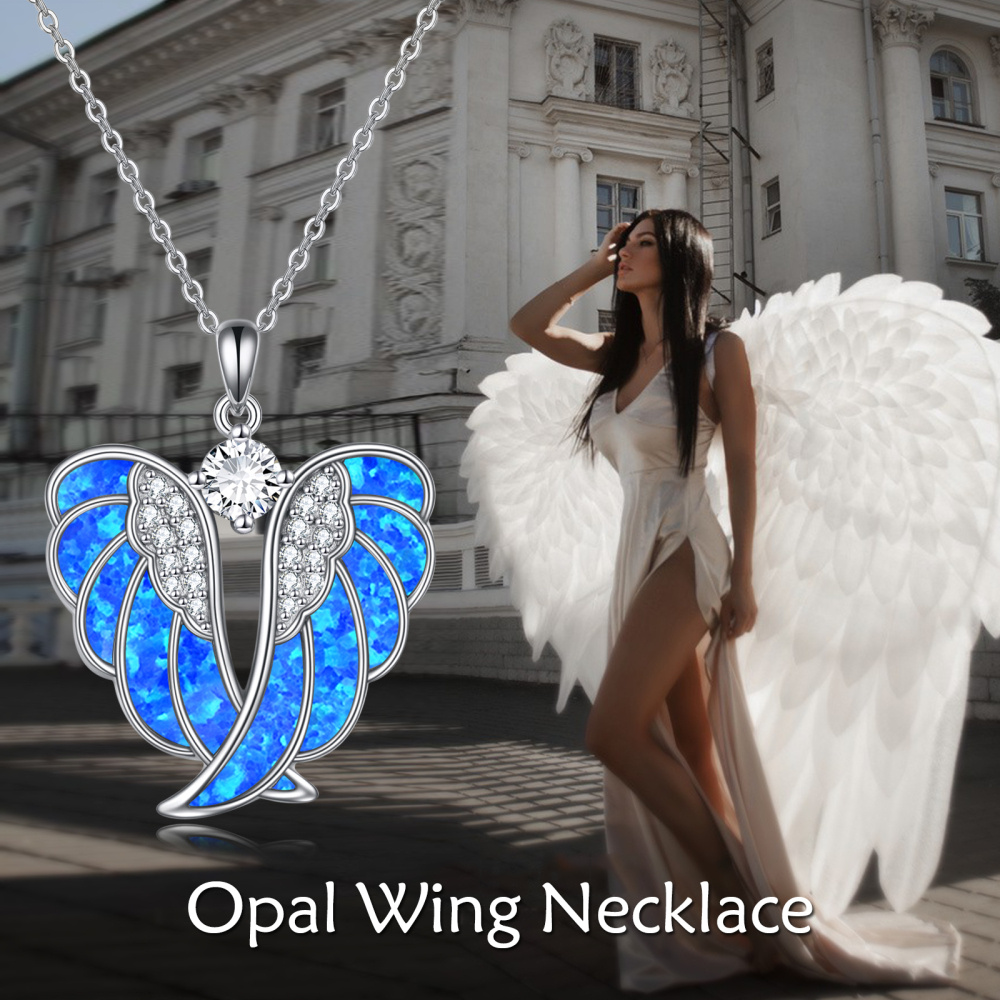 Sterling Silver Opal Angel Wings Pendant Necklace-3