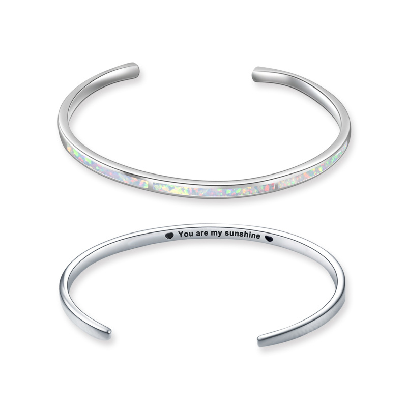 Sterling Silver Opal Engraved Bangle-3