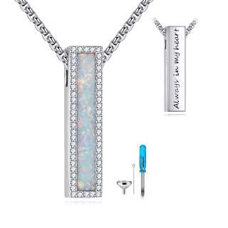 Sterling Silver Opal Bar Cremation Urn Necklace For Ashes With Engraved Word For Men-2