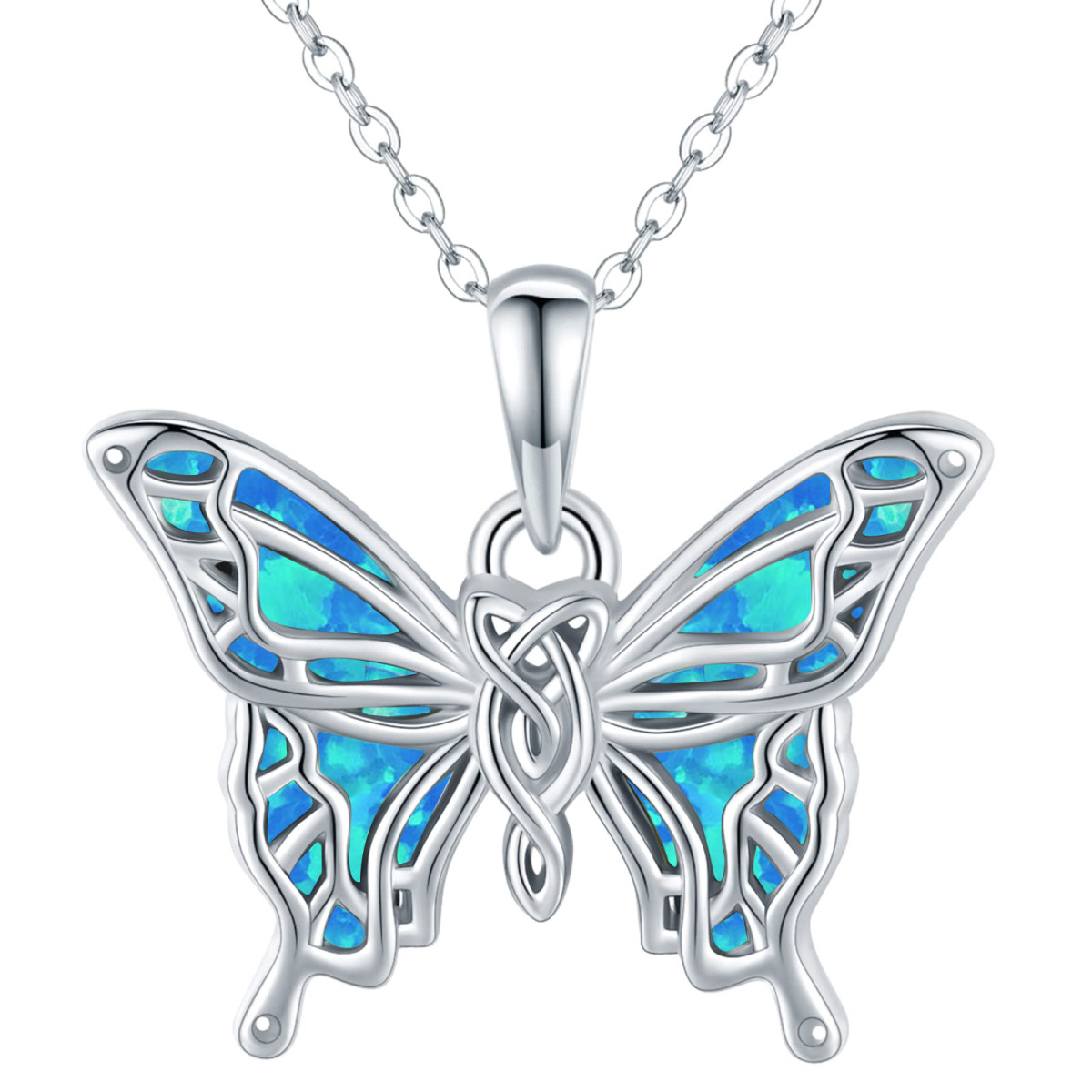 Sterling Silver Opal Butterfly and Celtic Knot Pendant Necklace-1