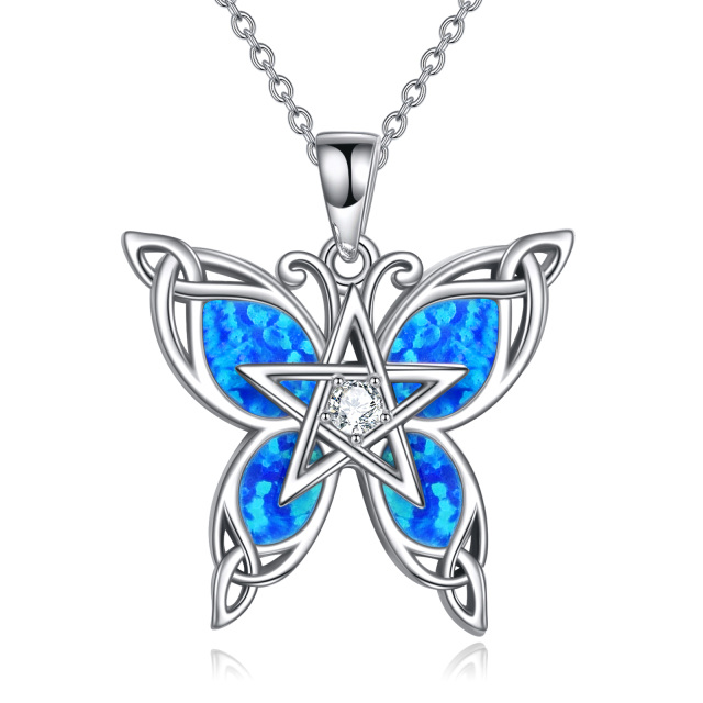 Sterling Silver Opal Butterfly With Celtic Knot Pentagram Pendant Necklace For Women-1