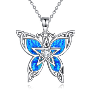 Sterling Silver Opal Butterfly With Celtic Knot Pentagram Pendant Necklace For Women-2