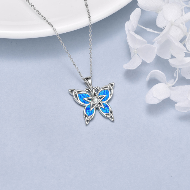 Sterling Silver Opal Butterfly With Celtic Knot Pentagram Pendant Necklace For Women-4