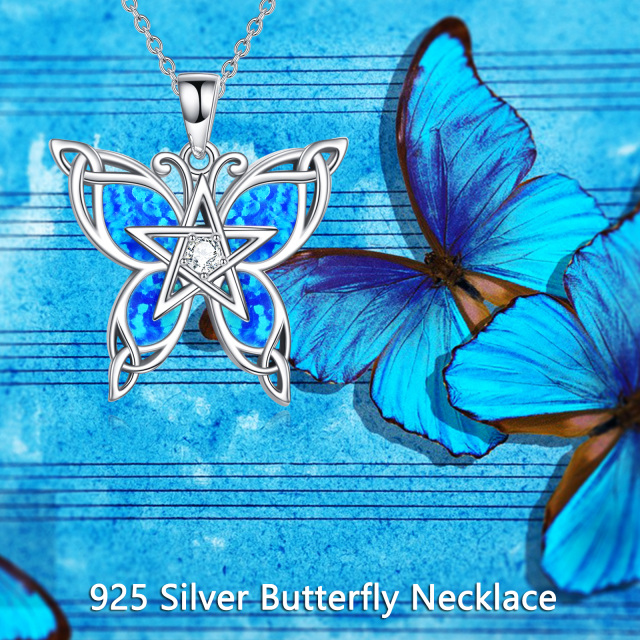 Sterling Silver Opal Butterfly With Celtic Knot Pentagram Pendant Necklace For Women-6