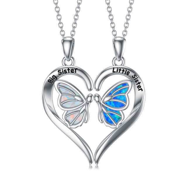 Sterling Silver Opal Butterfly & Heart Pendant Necklace with Engraved Word-1