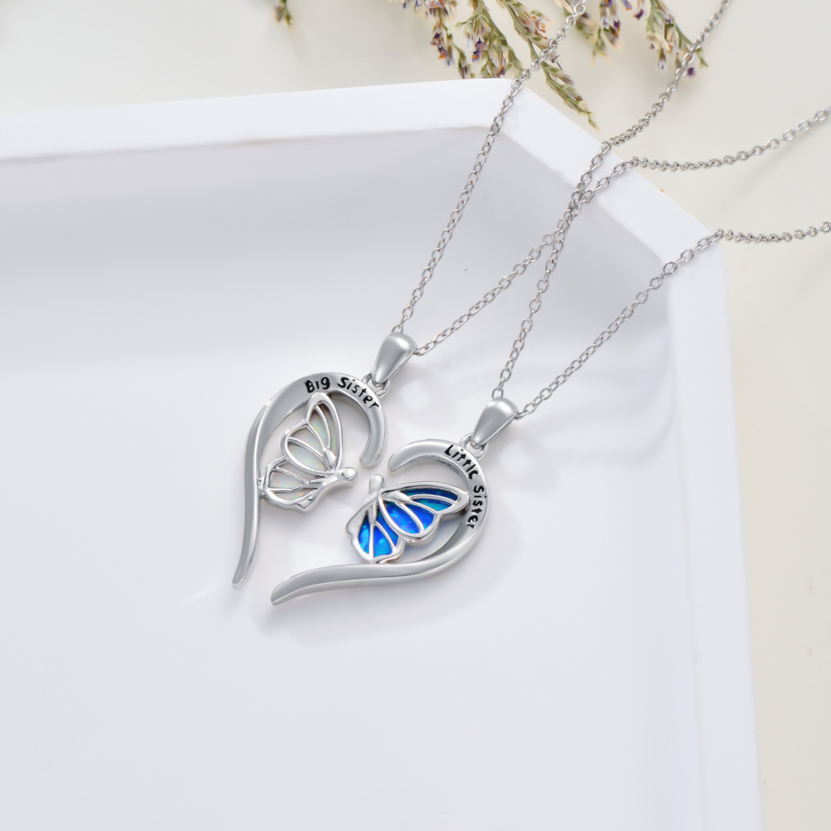 Sterling Silver Opal Butterfly & Heart Pendant Necklace with Engraved Word-3