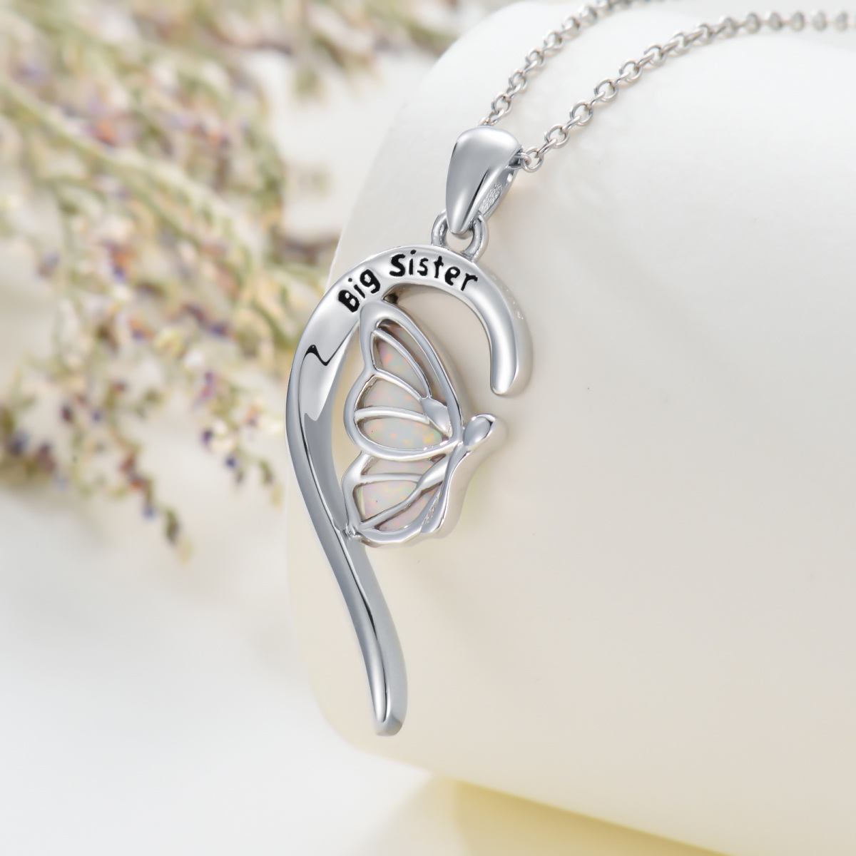 Sterling Silver Opal Butterfly & Heart Pendant Necklace with Engraved Word-5