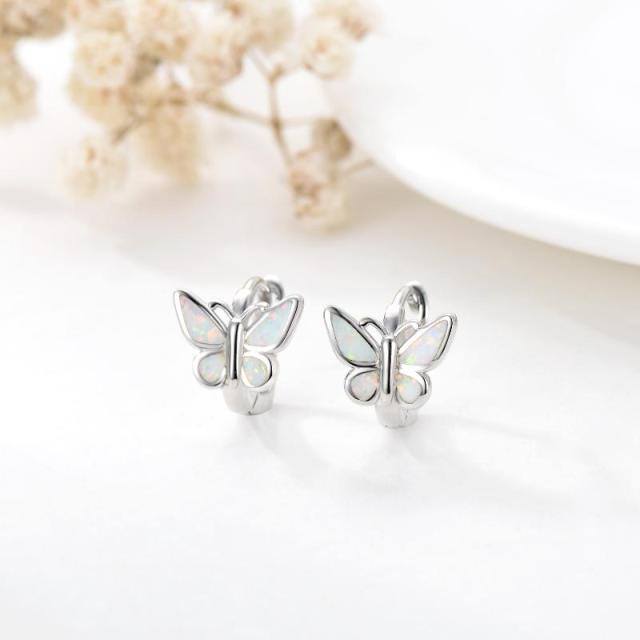 Sterling Silver Opal Butterfly Hoop Earrings-4