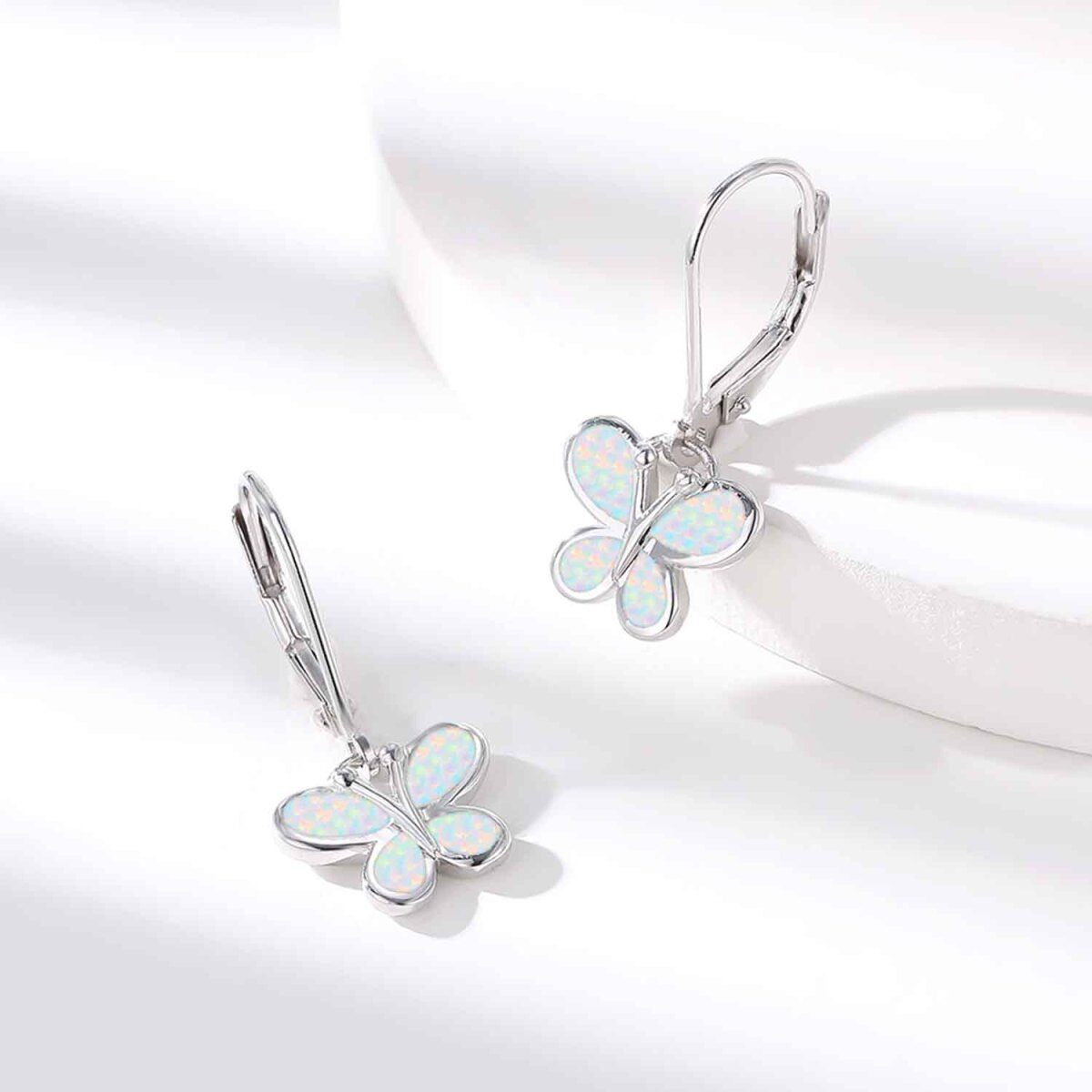 Sterling Silver Opal Butterfly Lever-back Earrings-3