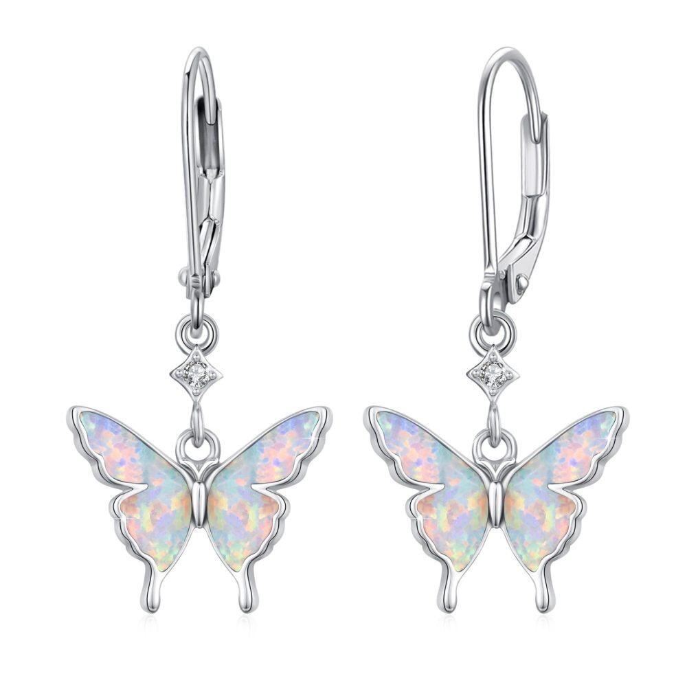 Sterling Silver Opal Butterfly Lever-back Earrings for Women-1