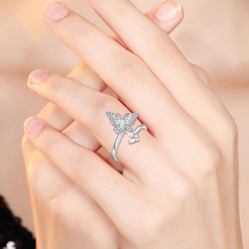 Sterling Silver Opal Butterfly Open Ring-2