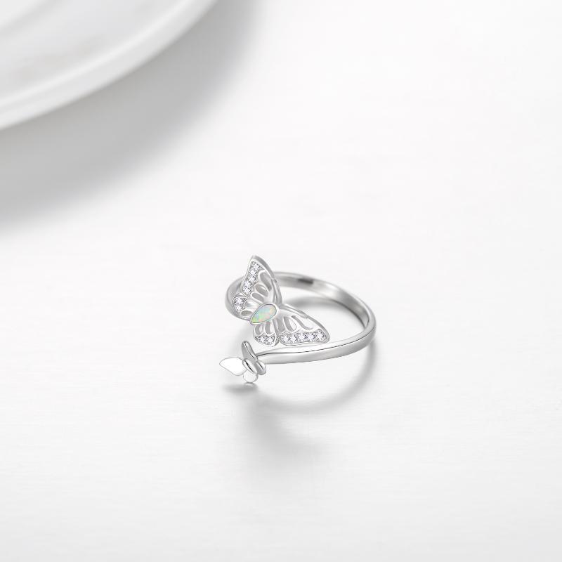 Sterling Silver Opal Butterfly Open Ring-3