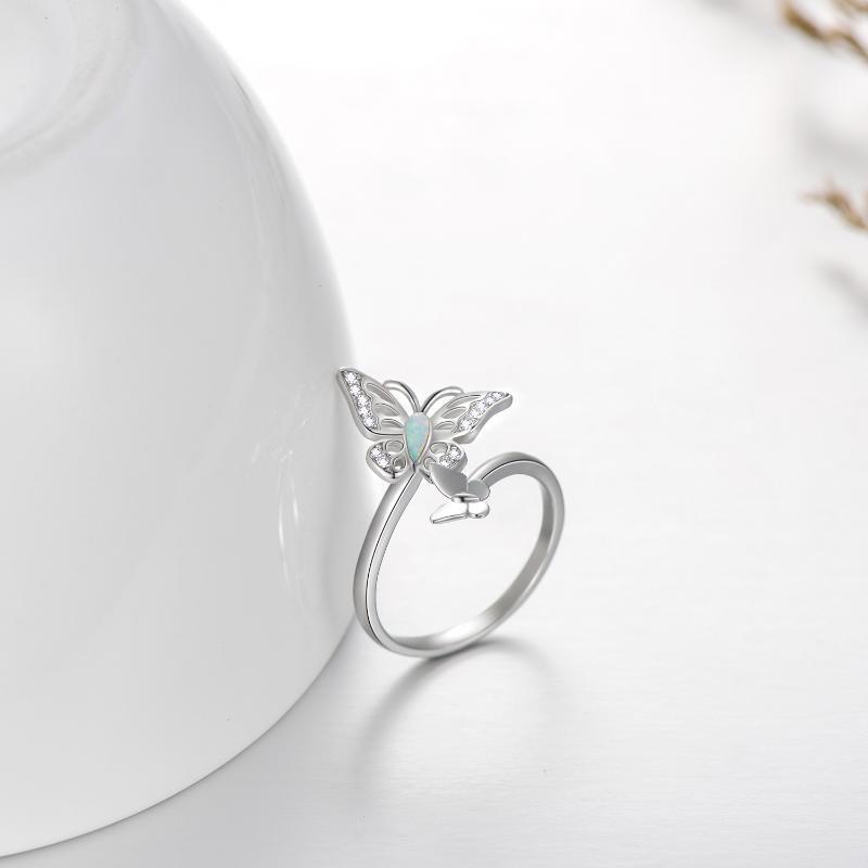 Sterling Silver Opal Butterfly Open Ring-4