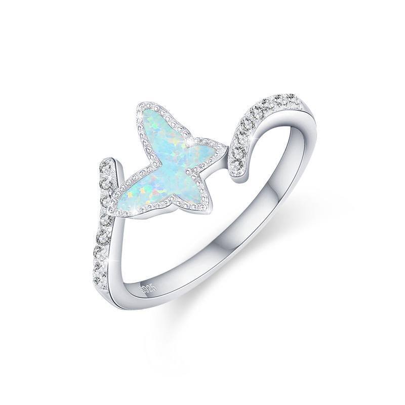 Bague ouverte en argent sterling avec papillon en zircon cubique et opale-1