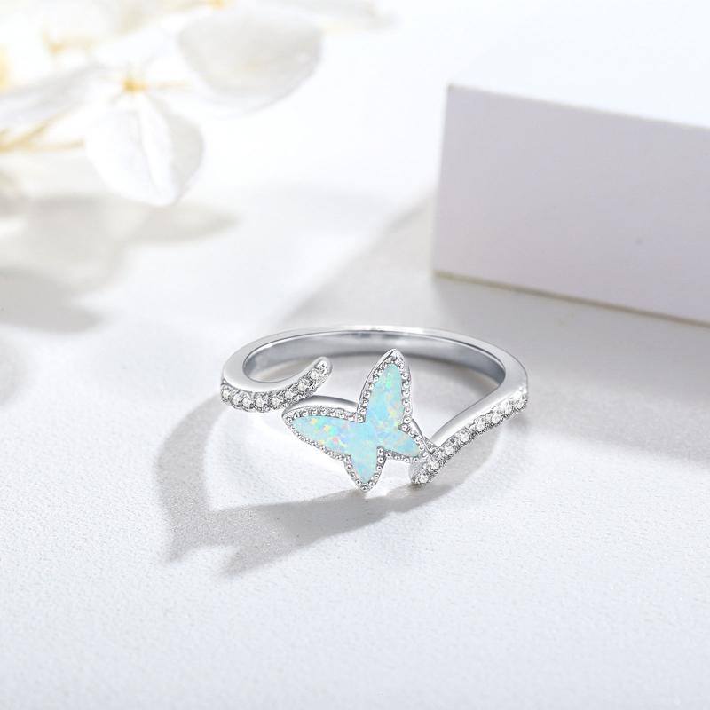 Sterling Silver Cubic Zirconia & Opal Butterfly Open Ring-3