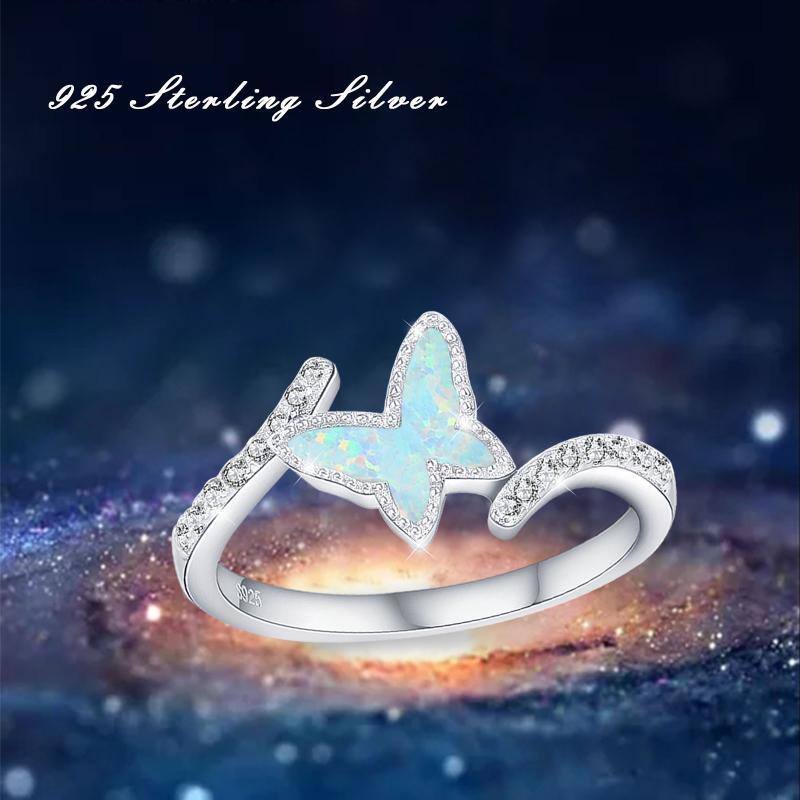 Sterling Silver Cubic Zirconia & Opal Butterfly Open Ring-4