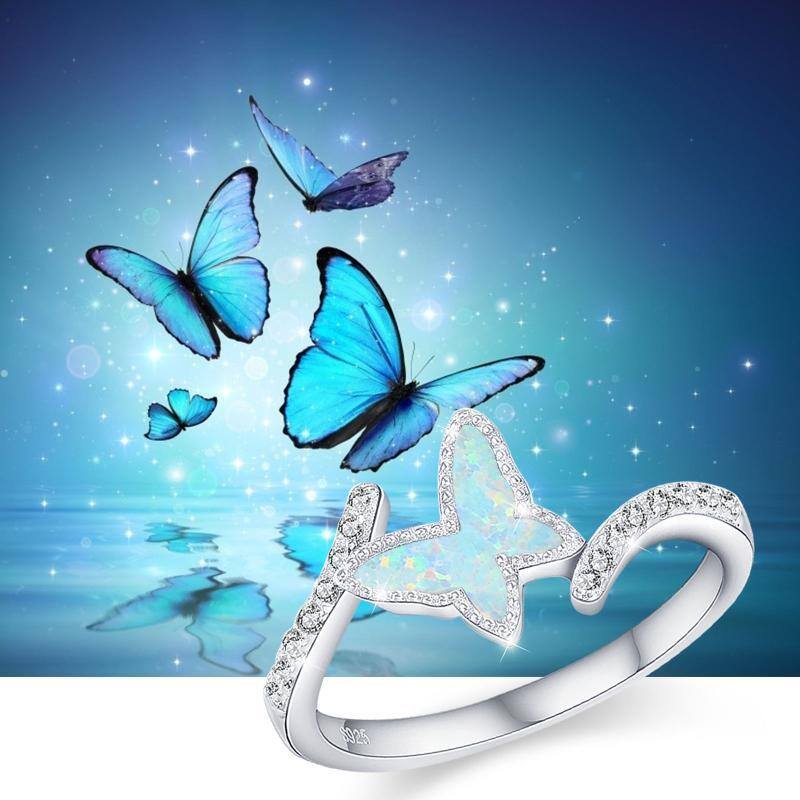 Bague ouverte en argent sterling avec papillon en zircon cubique et opale-5