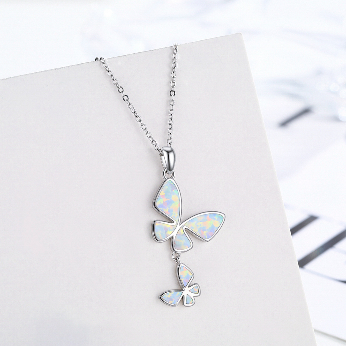 Sterling Silver Opal Butterfly Pendant Necklace-3