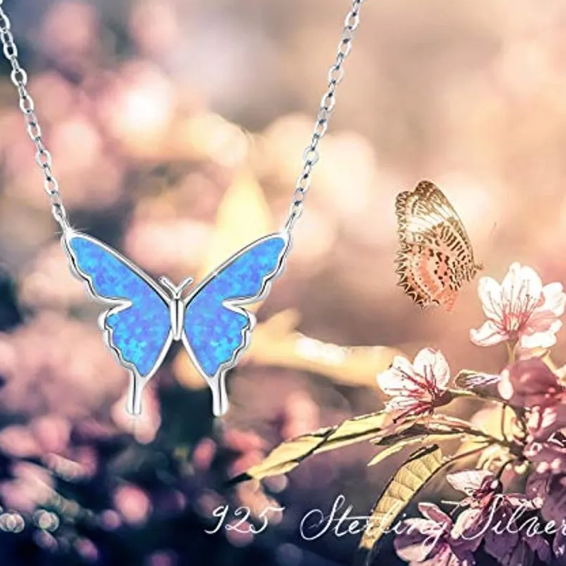 Sterling Silver Opal Butterfly Pendant Necklace for Women-5