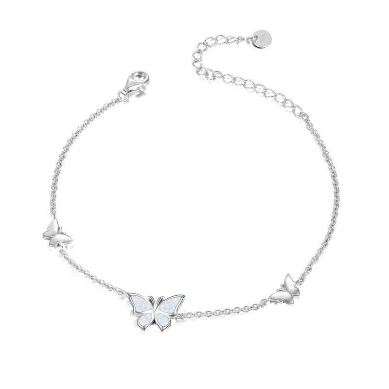 Sterling Silver Opal Butterfly Single Layer Anklet-11