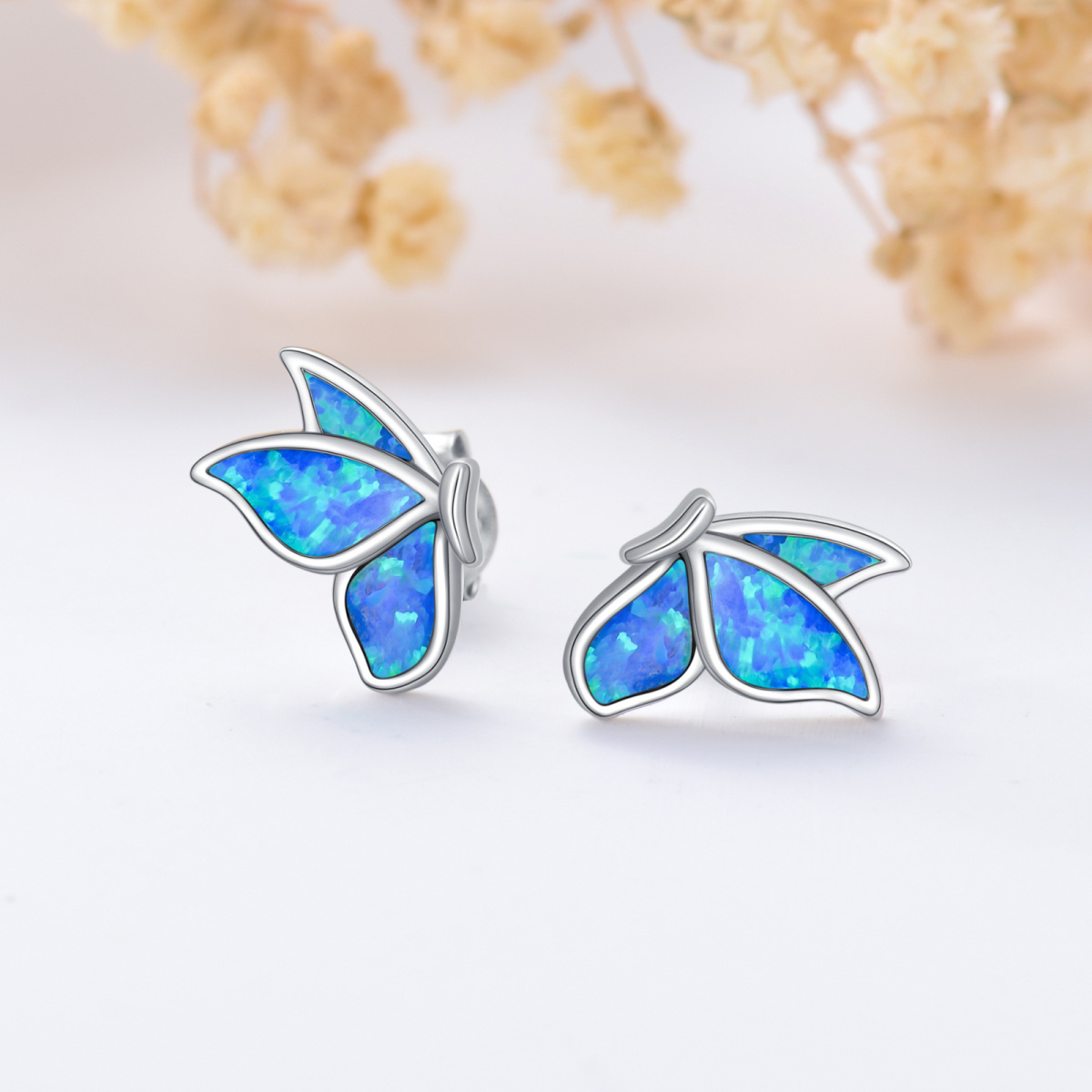 Sterling Silver Opal Butterfly Stud Earrings-3