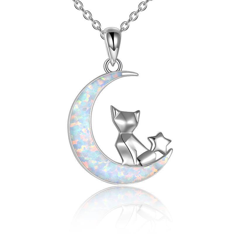 Sterling Silver Opal Cat & Moon Pendant Necklace-1