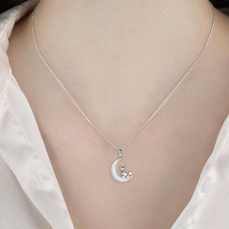 Sterling Silver Opal Cat & Moon Pendant Necklace-2