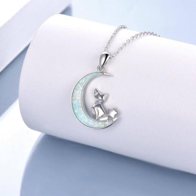 Sterling Silver Opal Cat & Moon Pendant Necklace-3