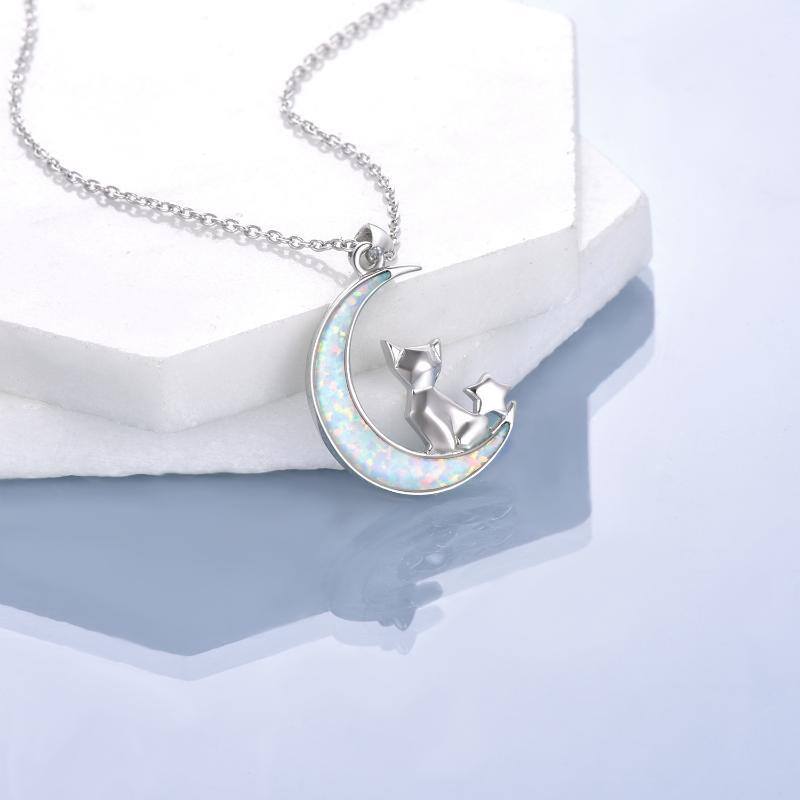 Sterling Silver Opal Cat & Moon Pendant Necklace-4