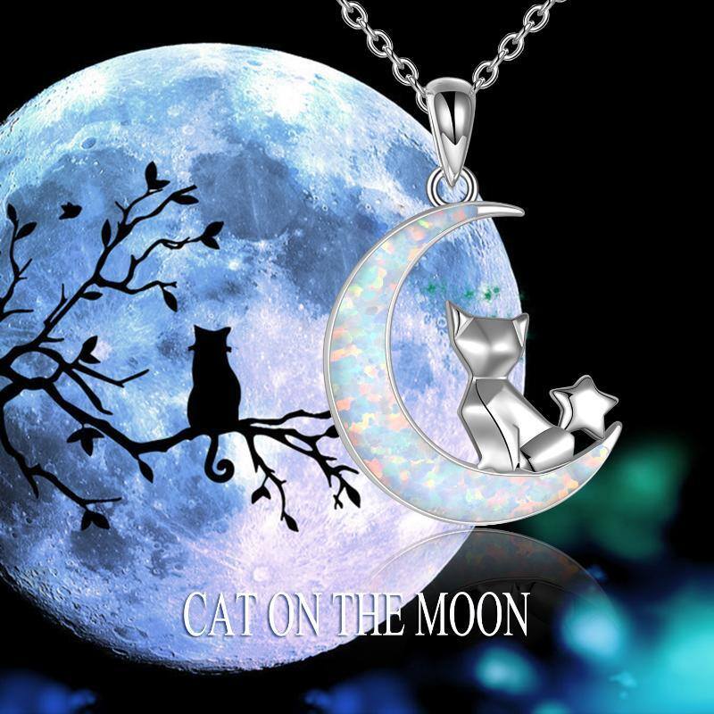 Collar con colgante de plata de ley Opal Cat & Moon-6