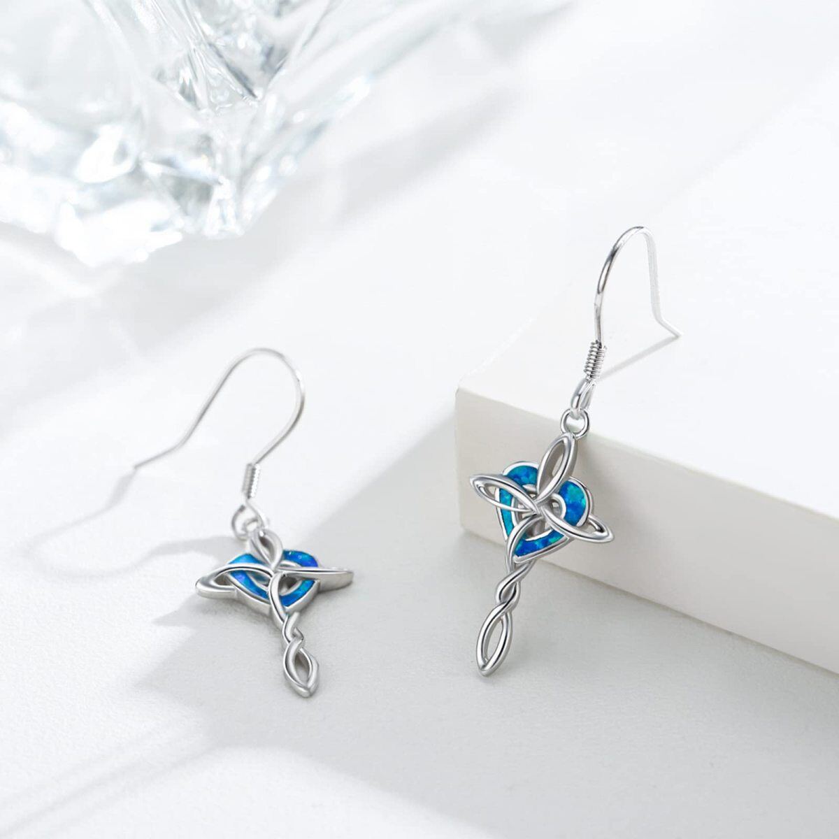 Boucles d'oreilles pendantes en argent sterling avec nœud celtique, croix et coeur en opal-4