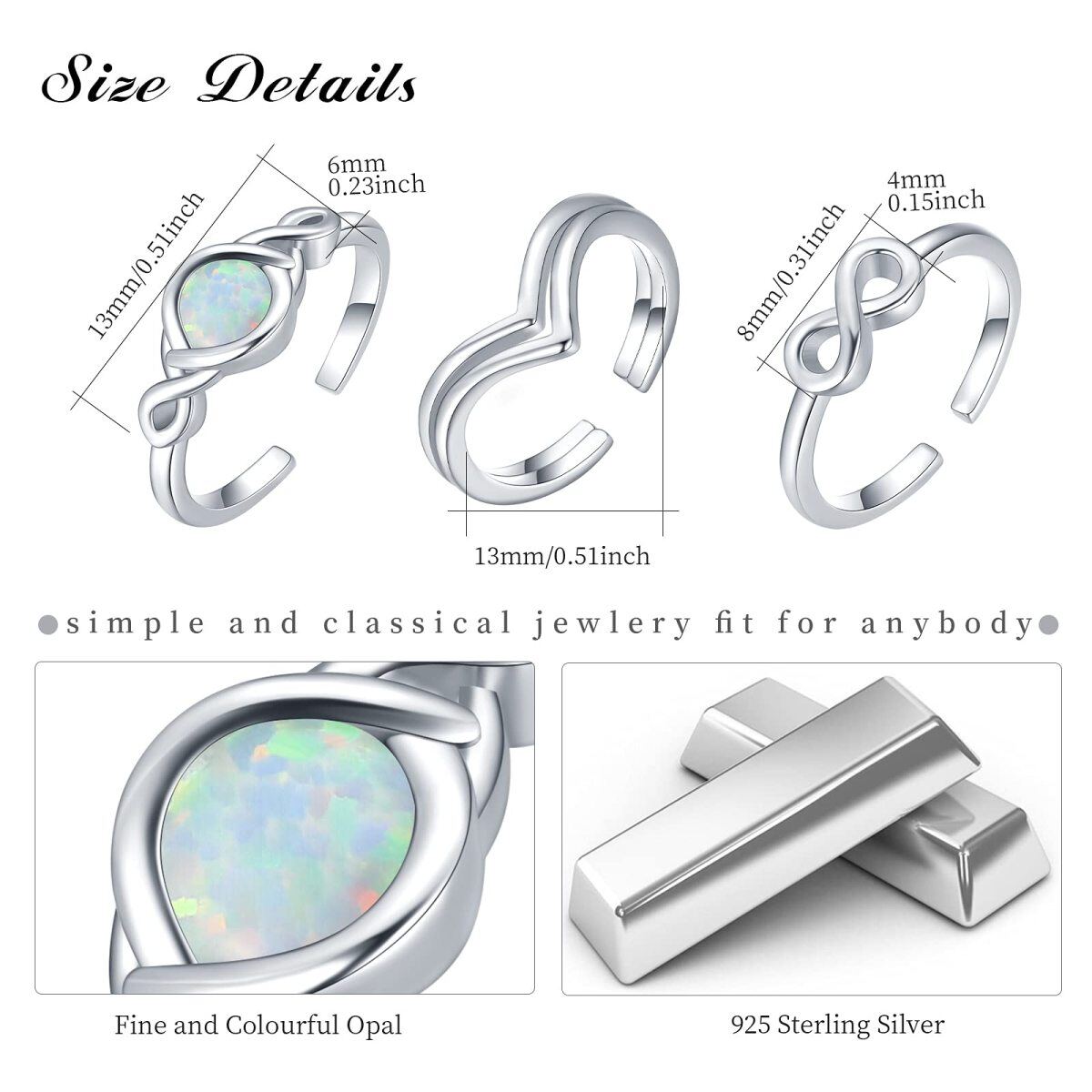 Sterling Silver Opal Celtic Knot Infinity Symbol & Heart Toe Ring Set-5