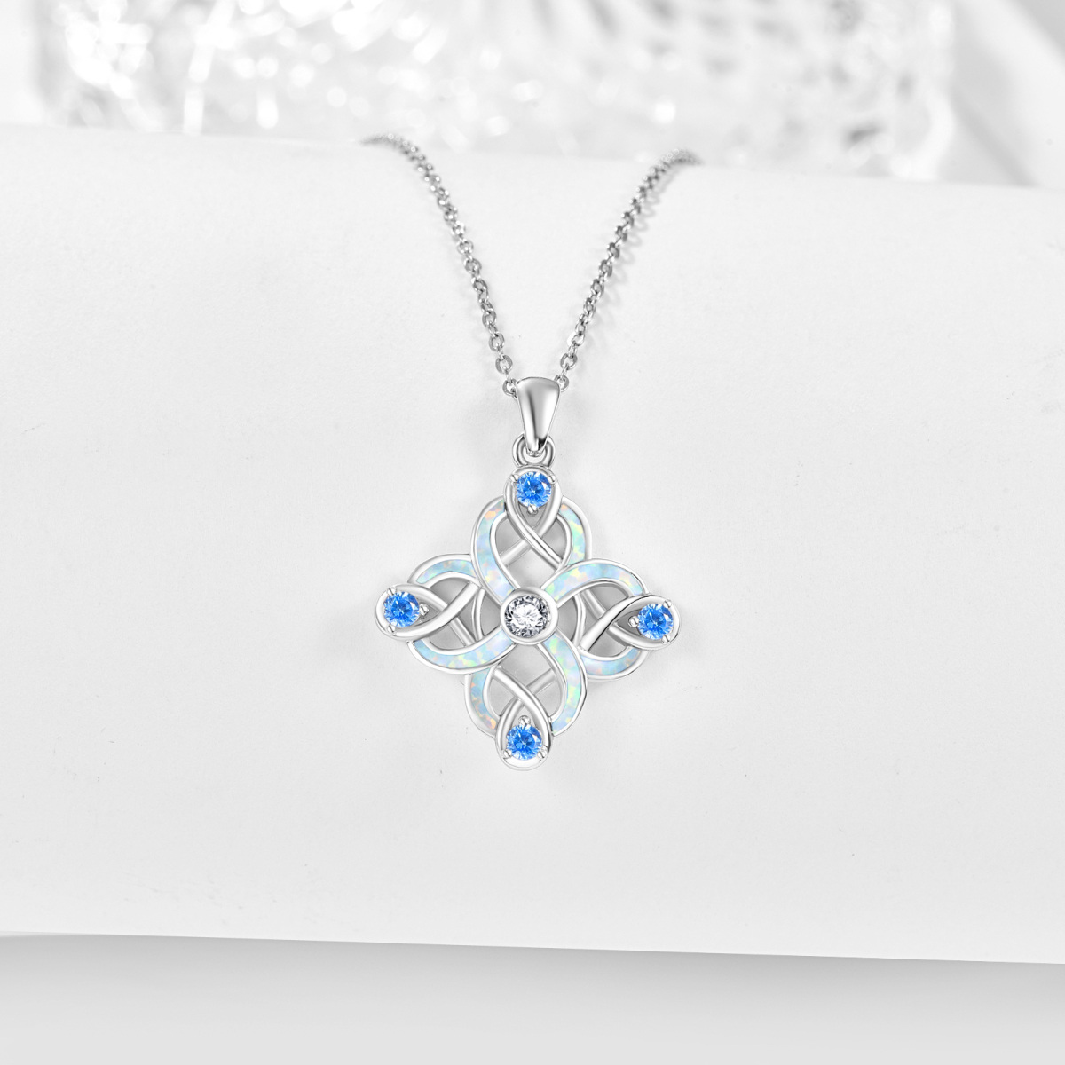 Sterling Silver Opal & Cubic Zirconia Celtic Knot Pendant Necklace-4