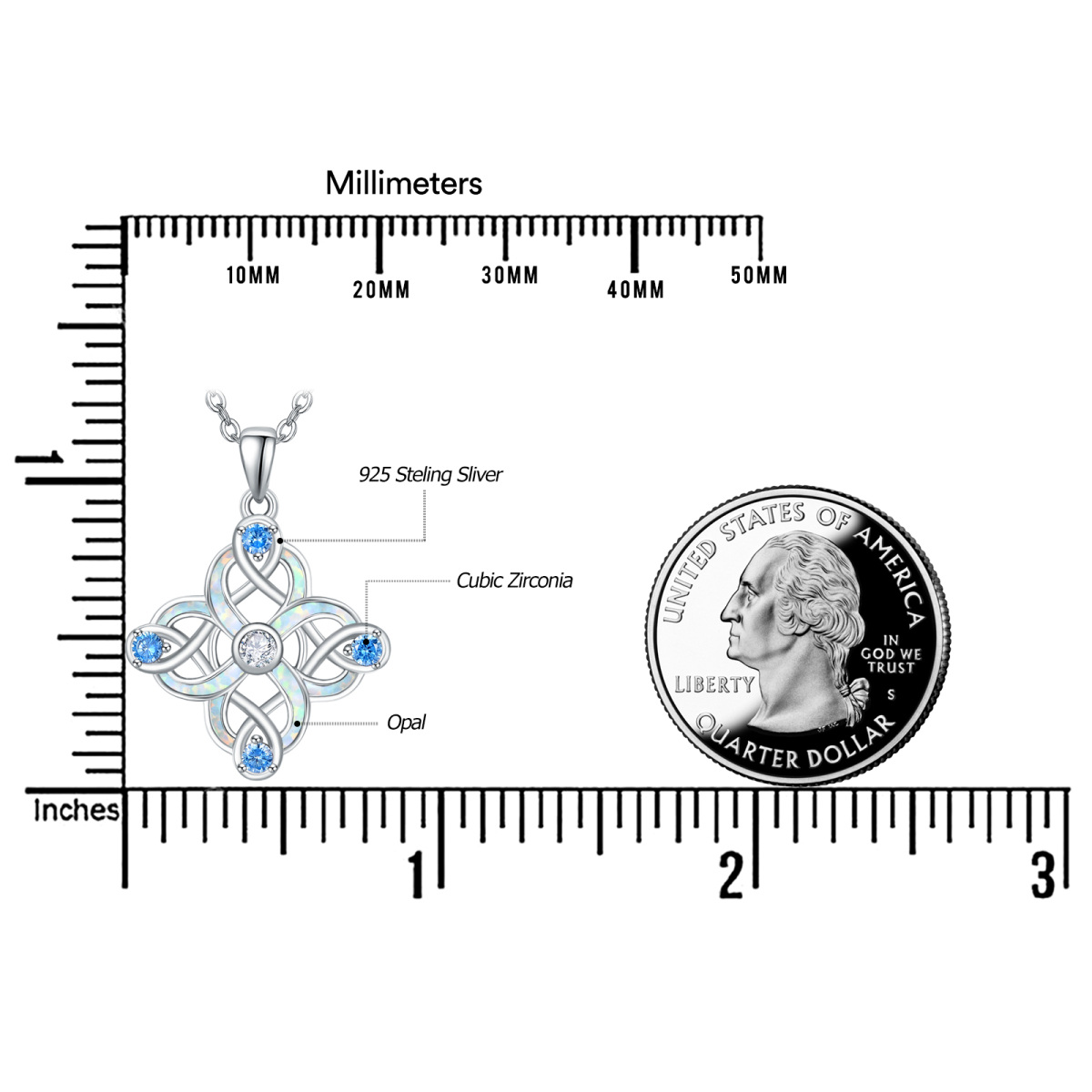 Collar con colgante de nudo celta de circonita cúbica y ópalo de plata de ley-7