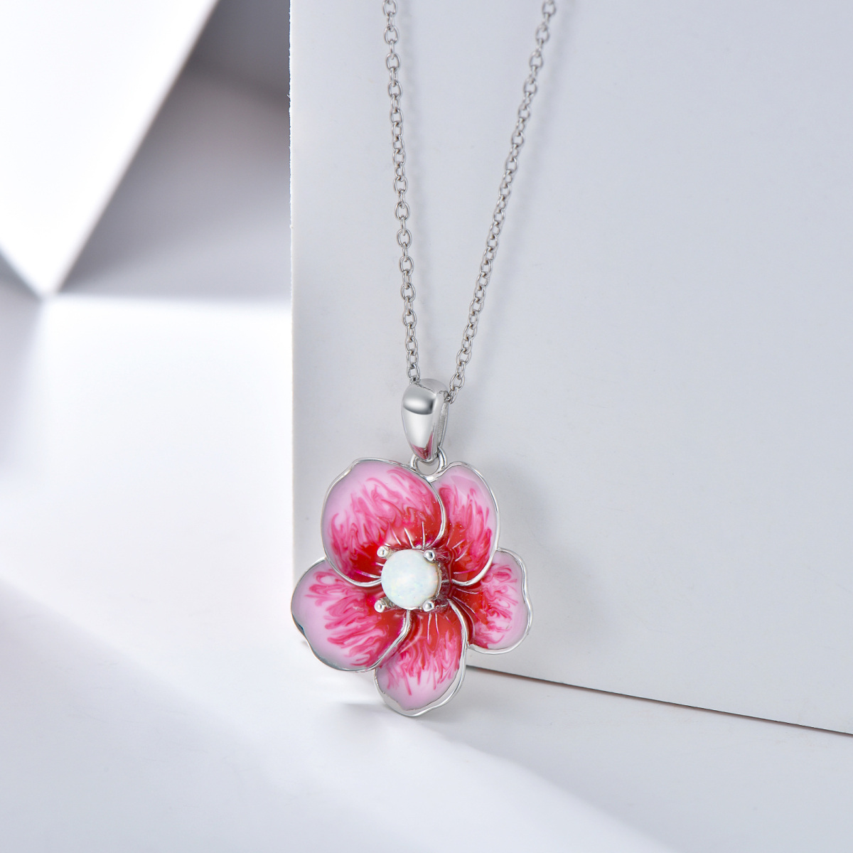 Sterling Silver Opal Cherry Blossom Pendant Necklace-3