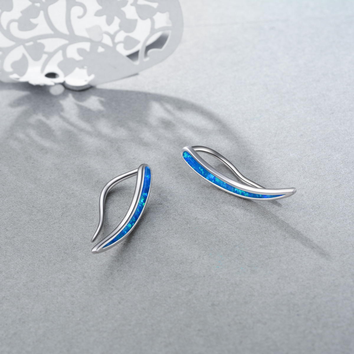 Orecchini scalatori in argento sterling con opale blu placcato oro bianco-4