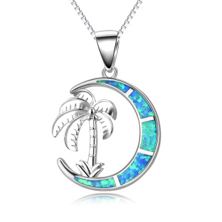 Sterling Silver Opal Coconut Tree Moon Necklace for Women Men-5