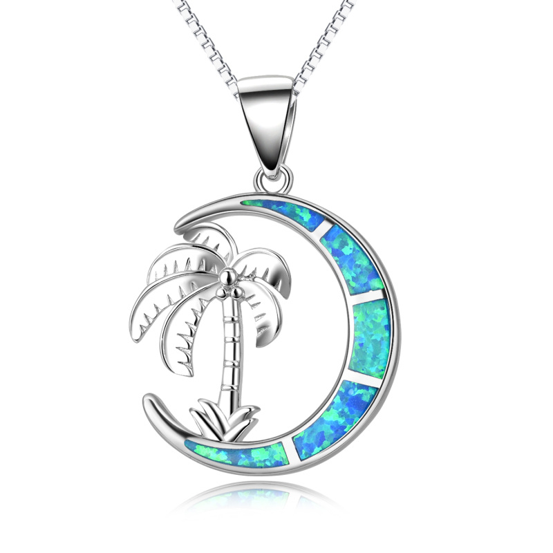 Sterling Silver Opal Coconut Tree Moon Necklace for Women Men-2