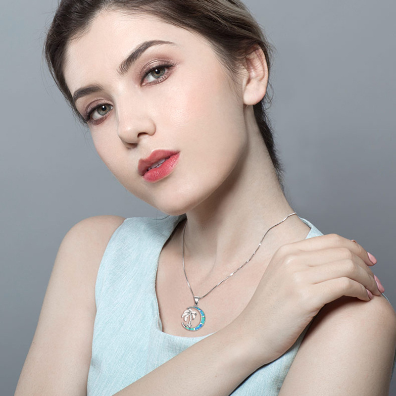 Sterling Silver Opal Coconut Tree Moon Necklace for Women Men-2