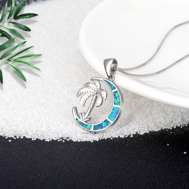 Sterling Silver Opal Coconut Tree & Moon Pendant Necklace-3