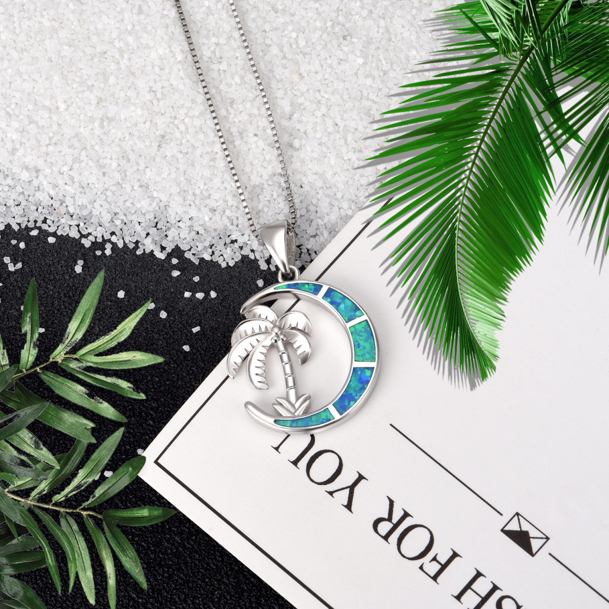 Sterling Silver Opal Coconut Tree & Moon Pendant Necklace-4