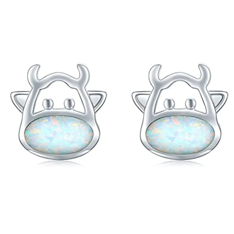 Sterling Silver Opal Cow Stud Earrings-1