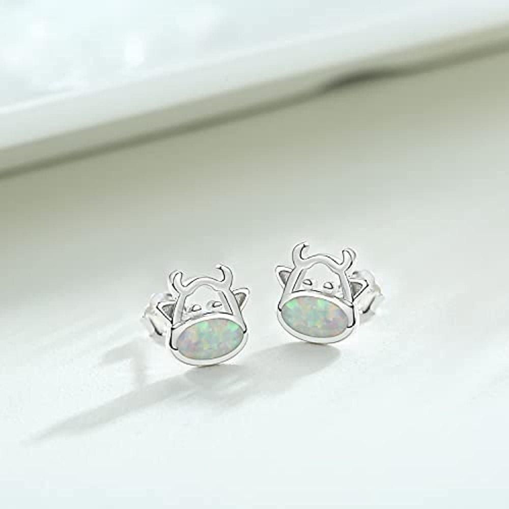 Sterling Silver Opal Cow Stud Earrings-4