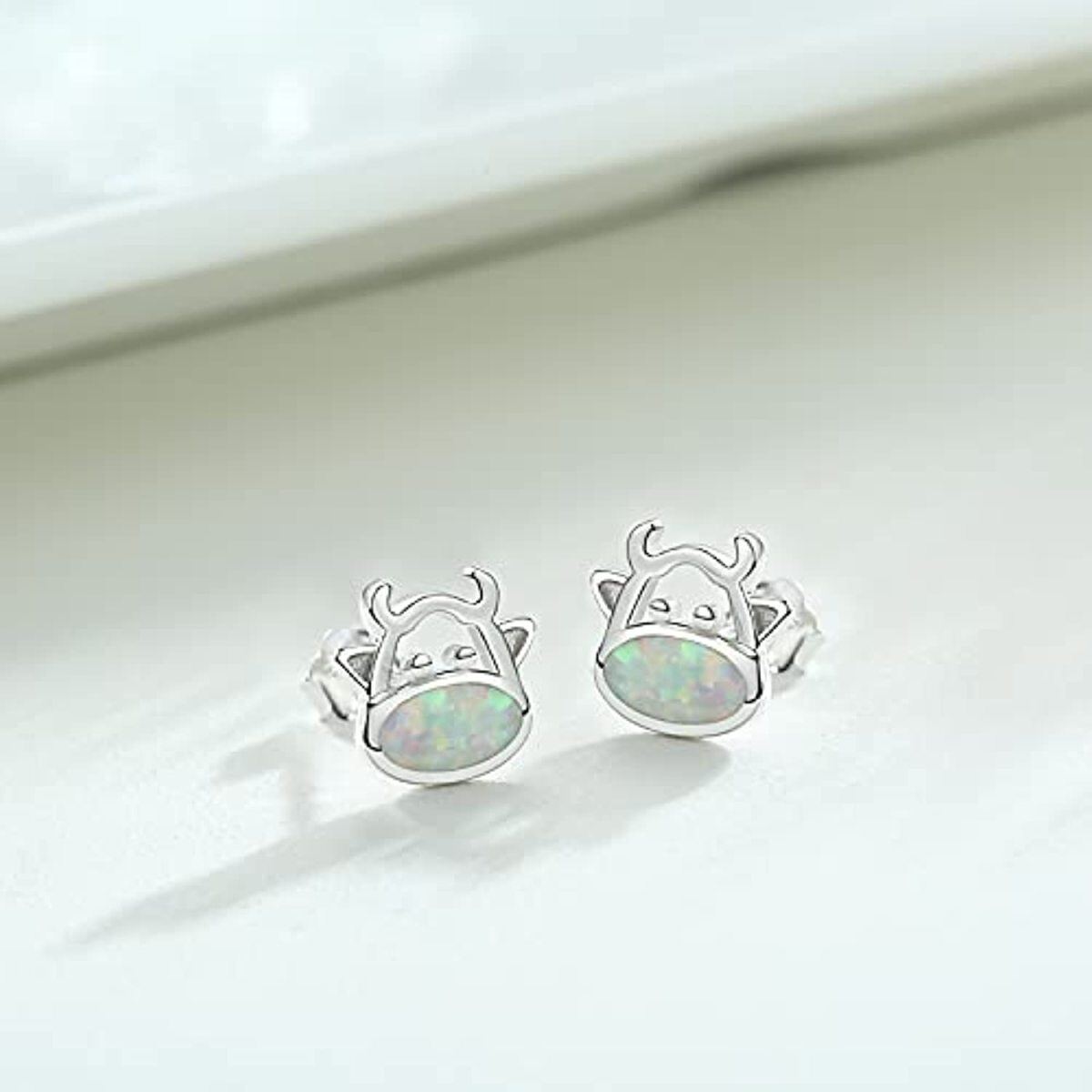 Sterling Silver Opal Cow Stud Earrings-4