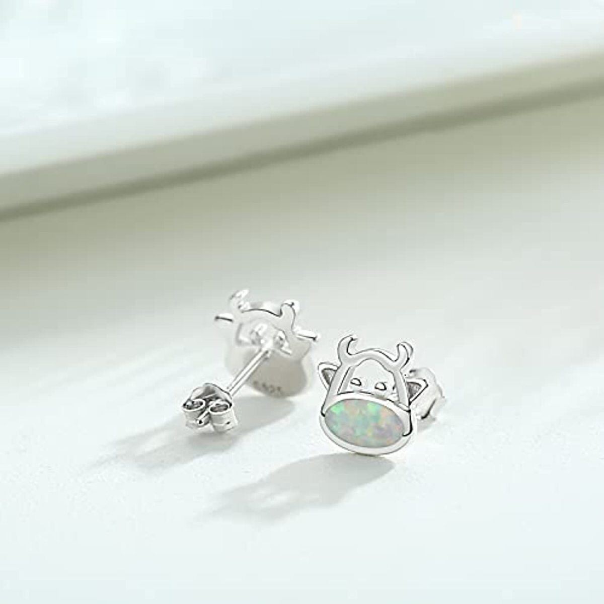 Sterling Silver Opal Cow Stud Earrings-5