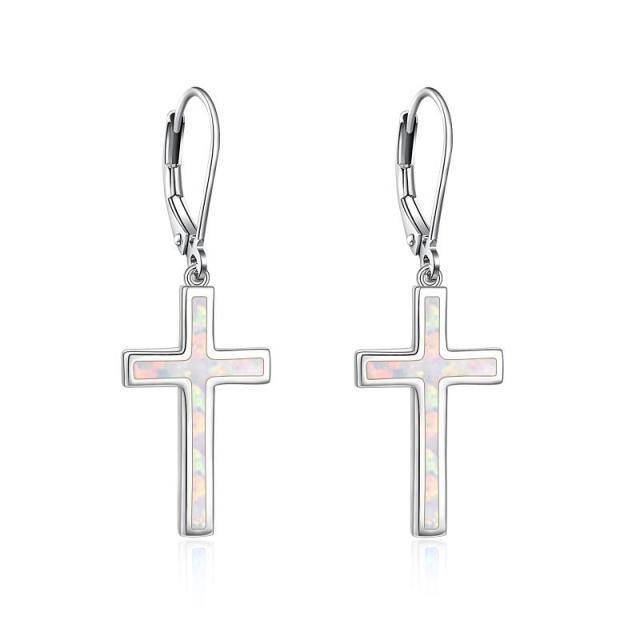 Sterling Silver Opal Cross Drop Earrings-1