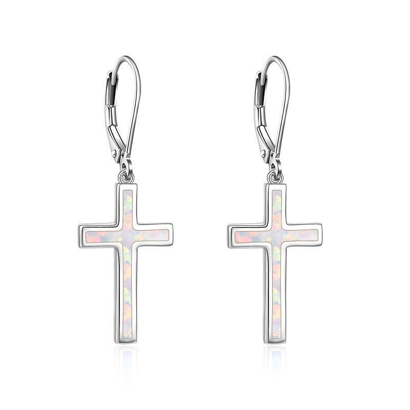 Sterling Silver Opal Cross Drop Earrings-12