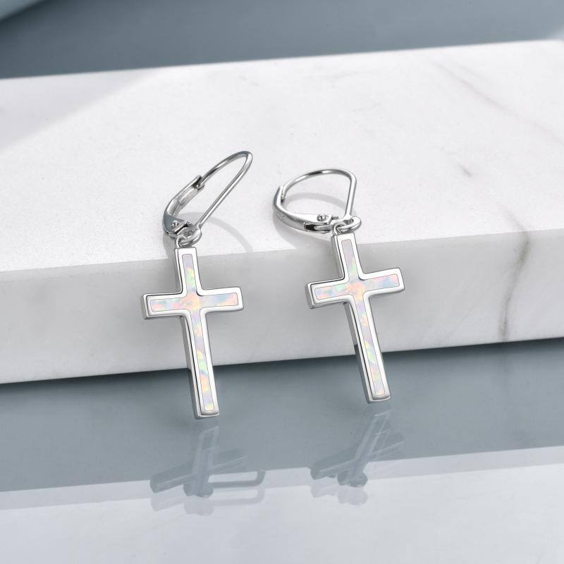 Sterling Silver Opal Cross Drop Earrings-3