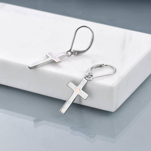 Sterling Silver Opal Cross Drop Earrings-4